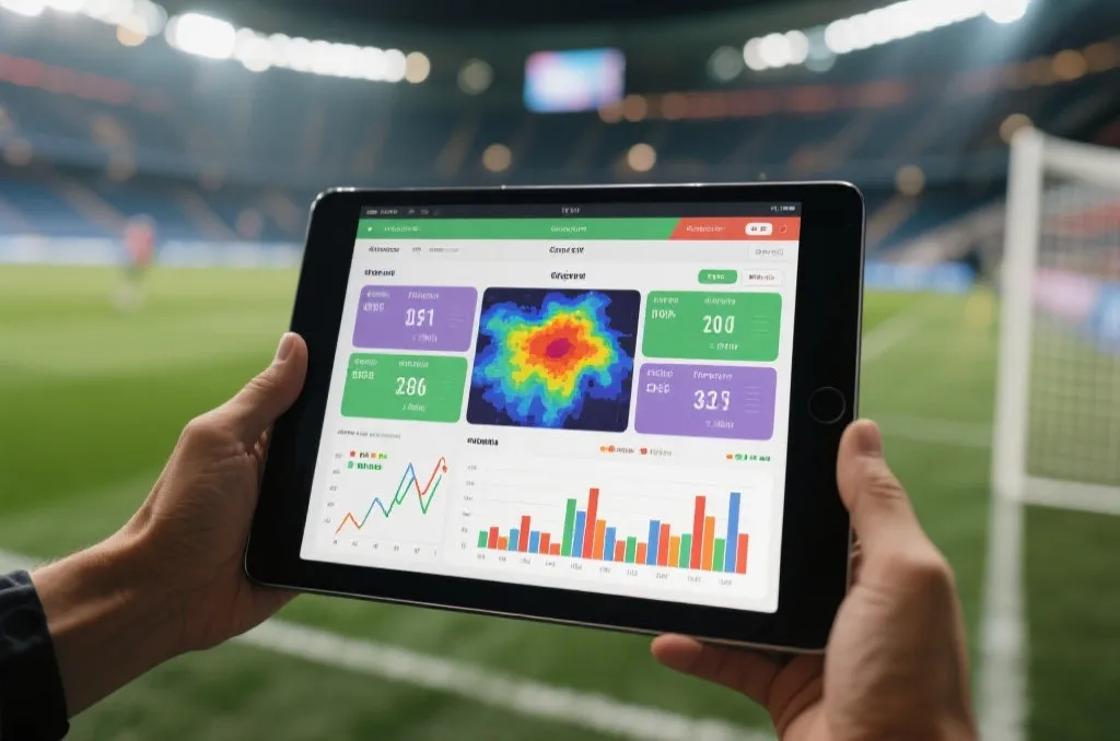 Close-up of a tablet displaying live football statistics, heatmaps and fluctuating charts, with a blurred soccer stadium pitch in the background, professional editorial photography